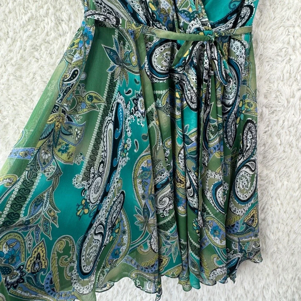 Jones New York‎ Paisley Faux Wrap Dress 14W Green Blue Boho Sleeveless Midi